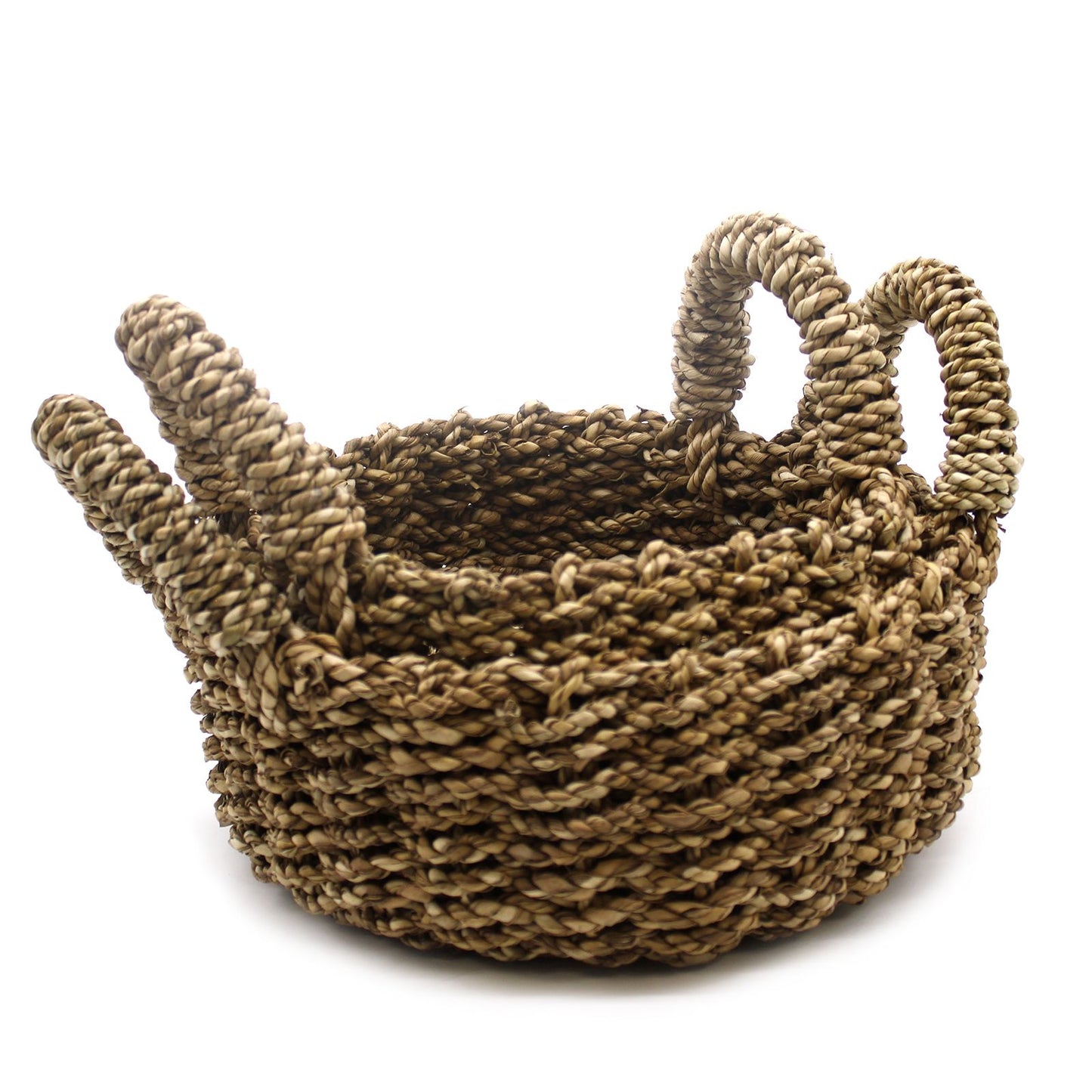 Set of two square handwoven baskets made from natural seagrass and banana leaf with a rustic textured finish.