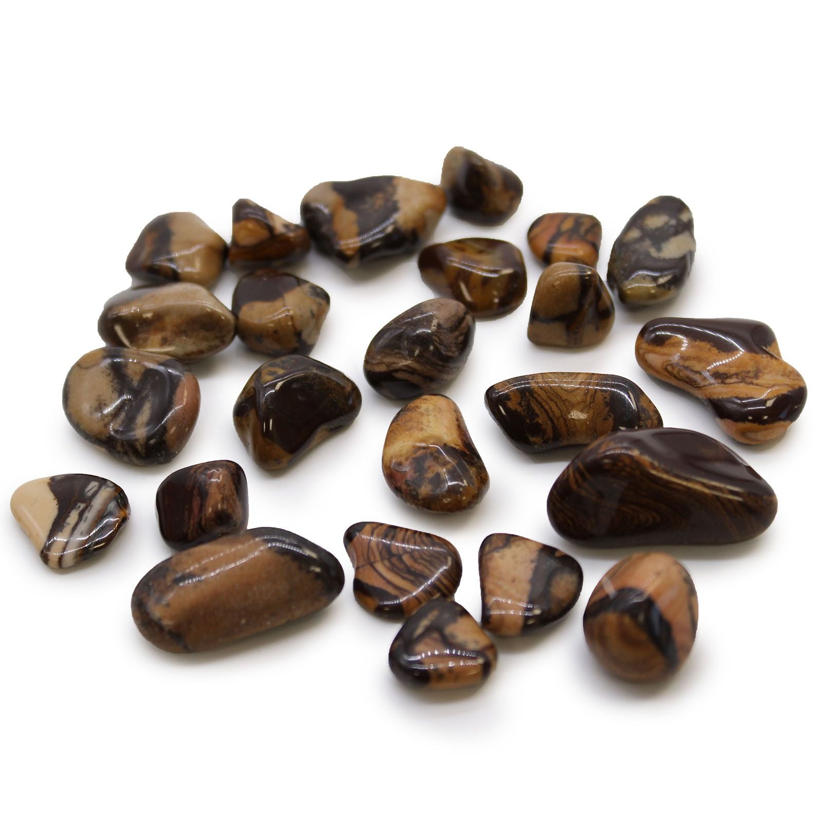Small polished Picture Nguni Jasper tumble stone with earthy stripes of brown, yellow, and red.