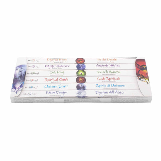 White and blue gift box set containing six individual packs of premium incense sticks with an angelic theme.