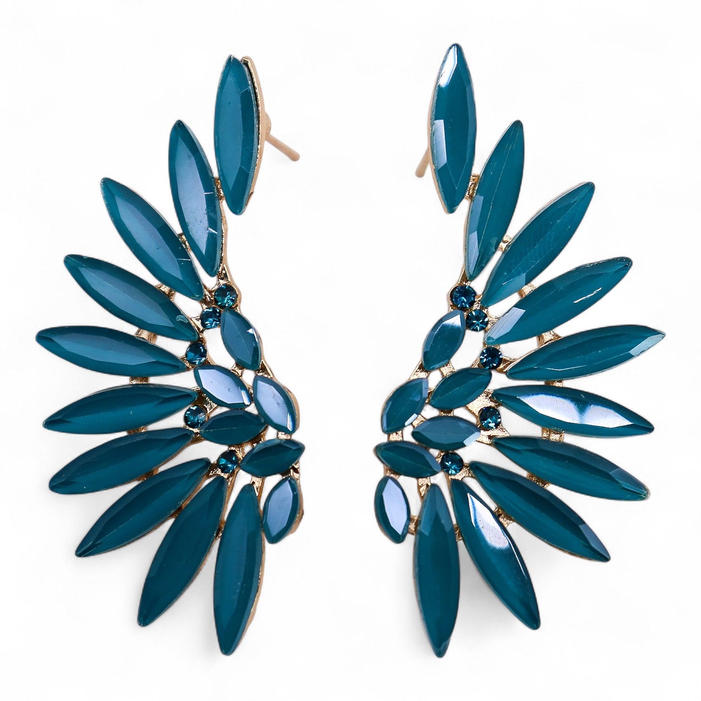 Delicate teal green vintage glass earrings featuring intricate silver-toned angel wing charms and stainless steel hooks.