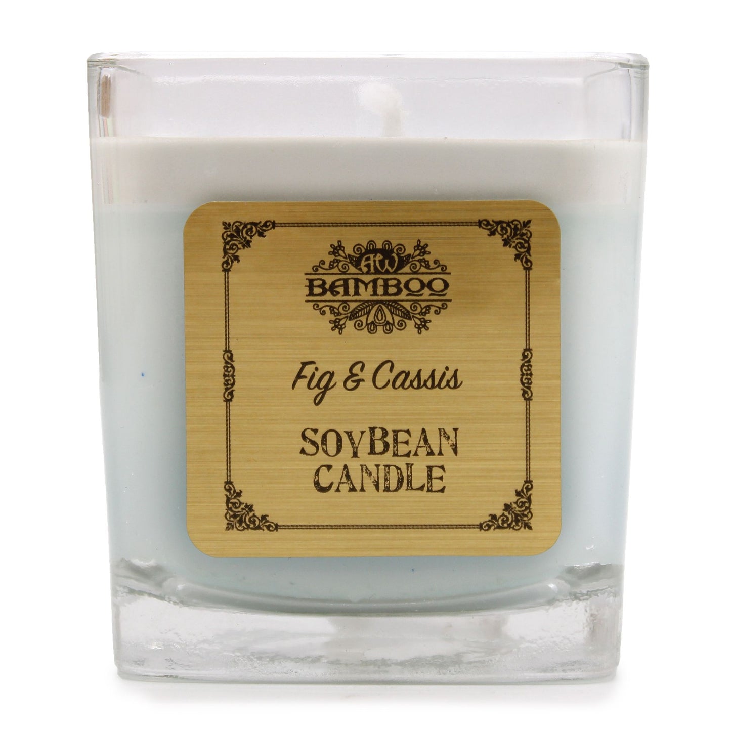 A chunky recycled glass jar filled with white soybean wax and a single wick, featuring a decorative dust cover.