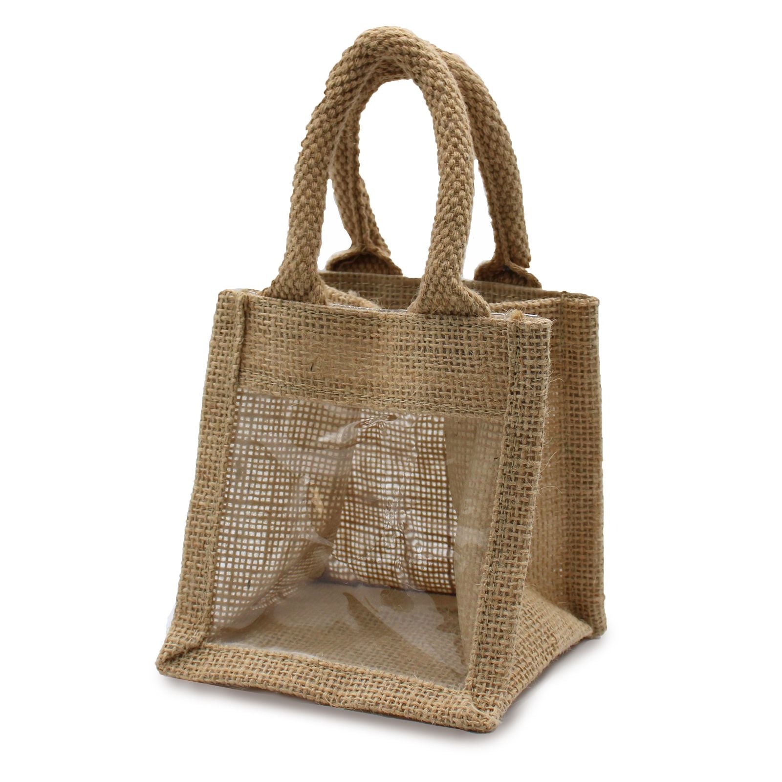 Square natural jute gift bag with sturdy padded handles and a clear rectangular display window.