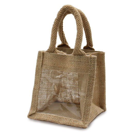 Square natural jute gift bag with sturdy padded handles and a clear rectangular display window.
