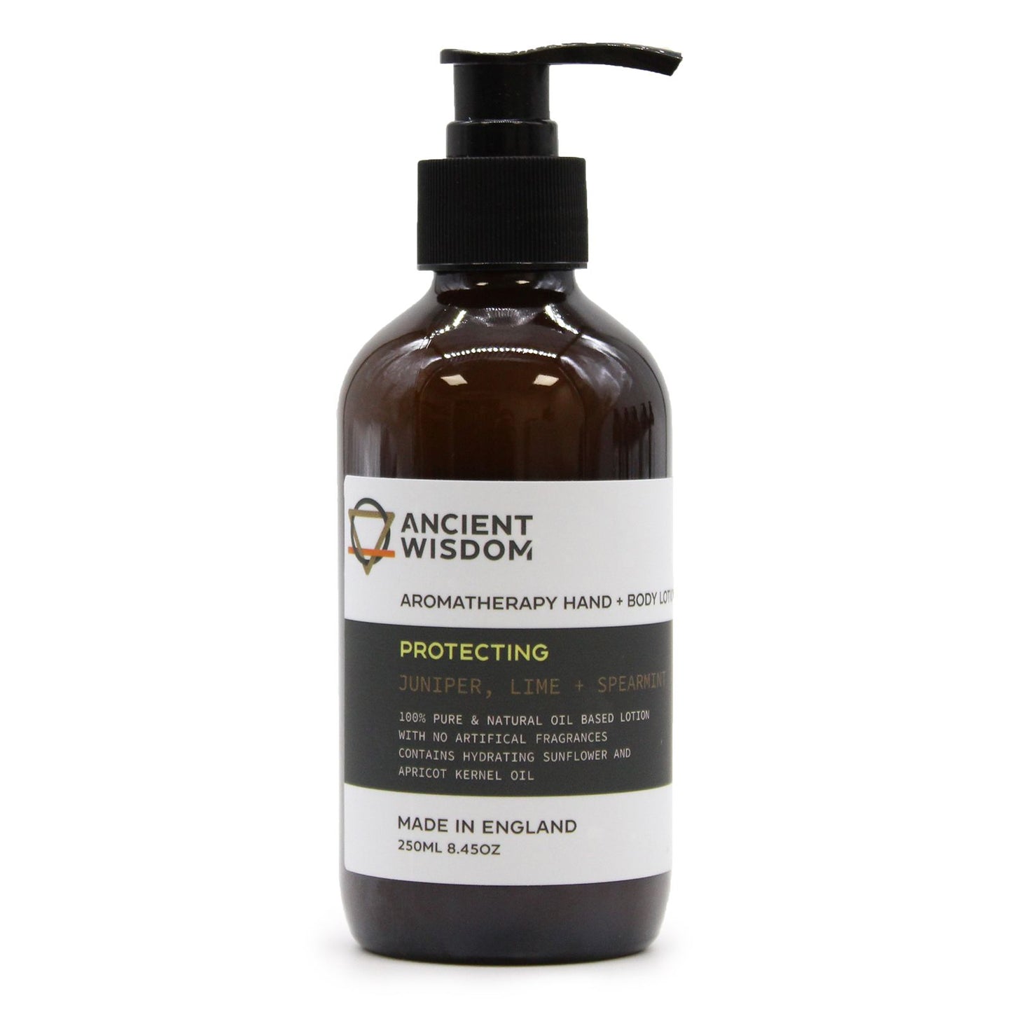 Clear bottle of zesty green aromatherapy hand and body lotion with a black pump dispenser.