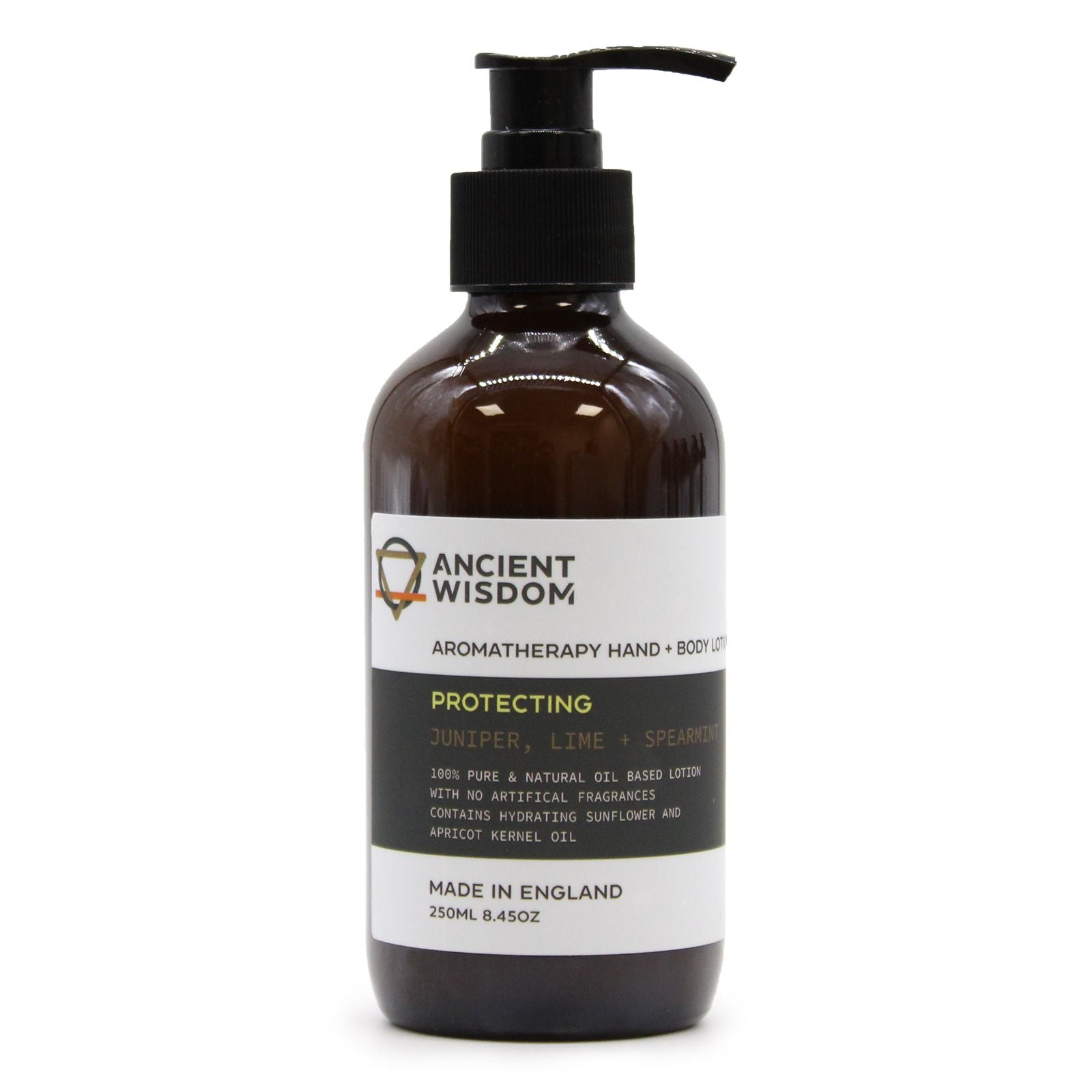 Clear bottle of zesty green aromatherapy hand and body lotion with a black pump dispenser.