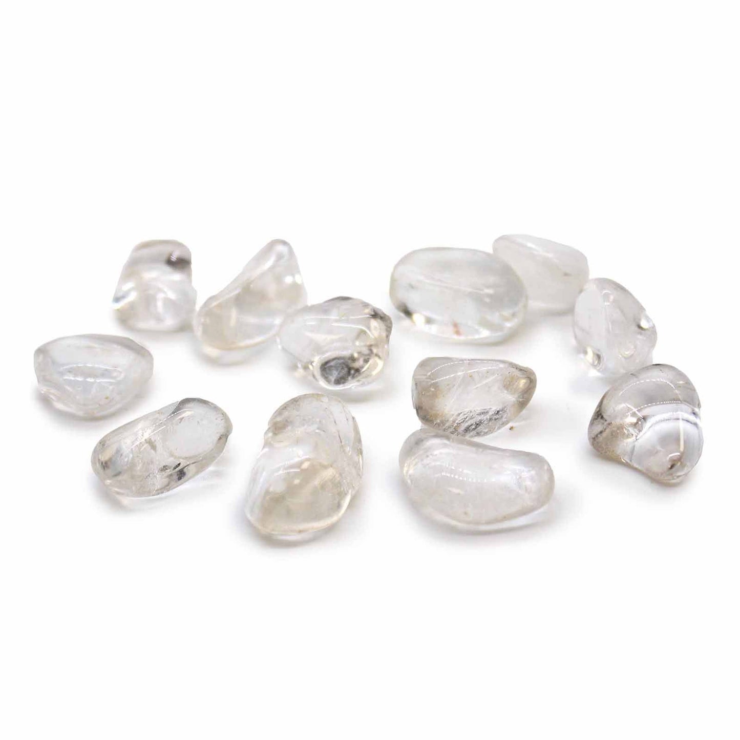 Clear and translucent polished medium-sized rock crystal ice quartz tumble stone with natural internal fractures.