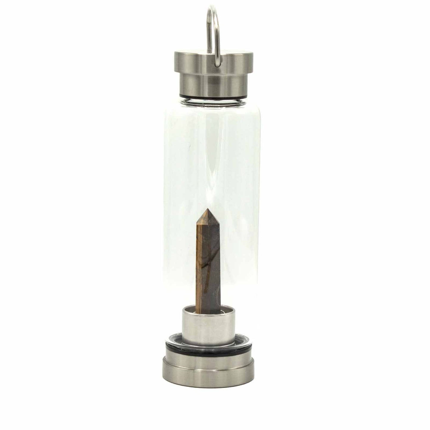 Clear glass water bottle with a natural Tiger's Eye crystal obelisk inside and a rose gold metallic lid and base.