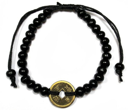 Handcrafted black wood bead bracelet featuring traditional Chinese fortune coins for luck and prosperity.