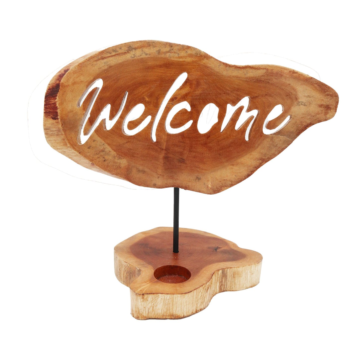 Decorative wooden candle holder sign with the word Welcome carved into the front in a rustic style.