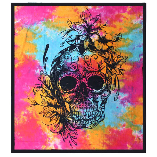 Large double cotton bedspread featuring a central brightly coloured Day of the Dead sugar skull design on a dark background.