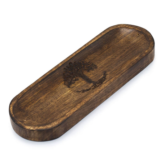 Large rectangular wooden incense tray featuring an intricate carved Tree of Life design in the centre.