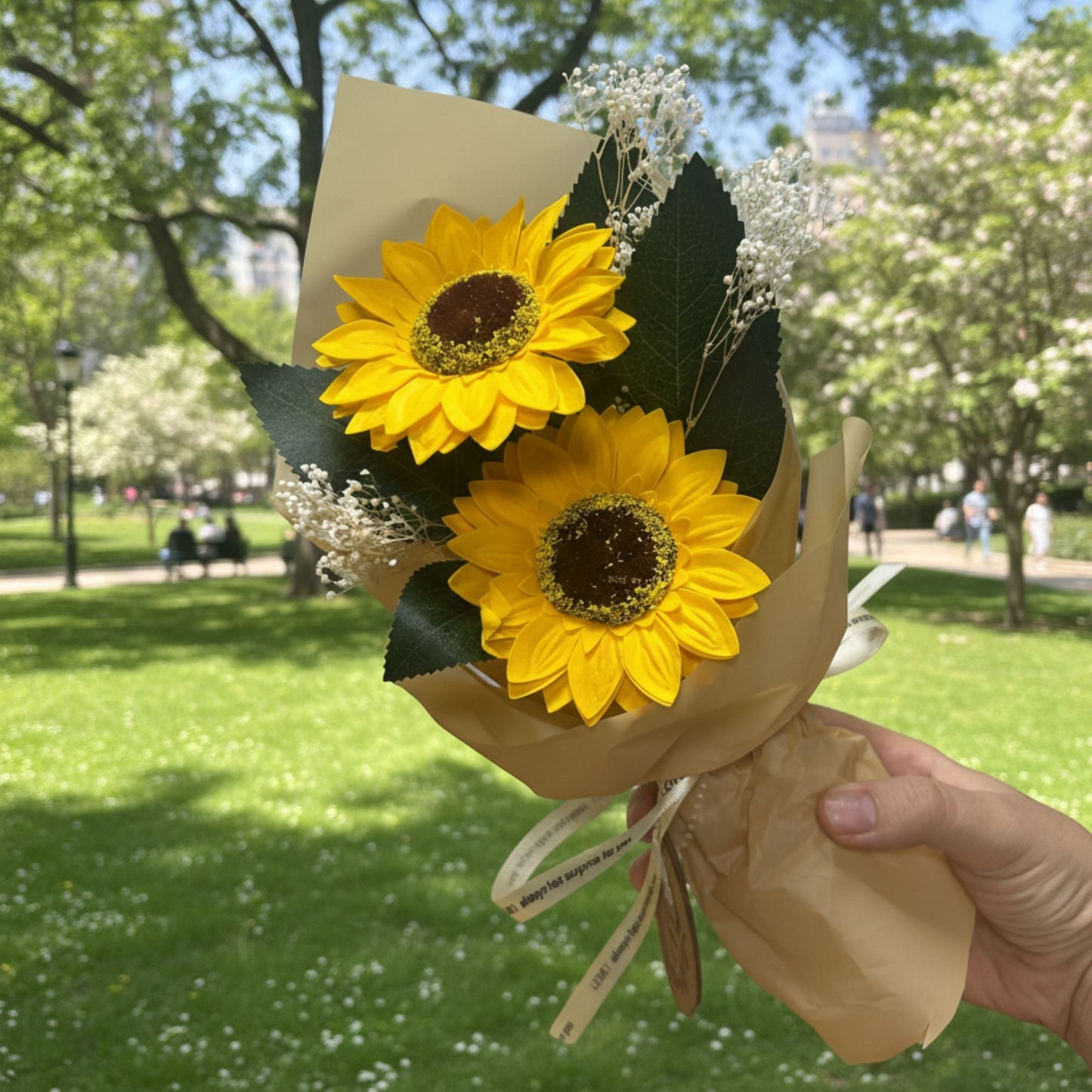 Realistic soap flower bouquet featuring two vibrant yellow sunflowers with white accents, wrapped in elegant paper and ribbon