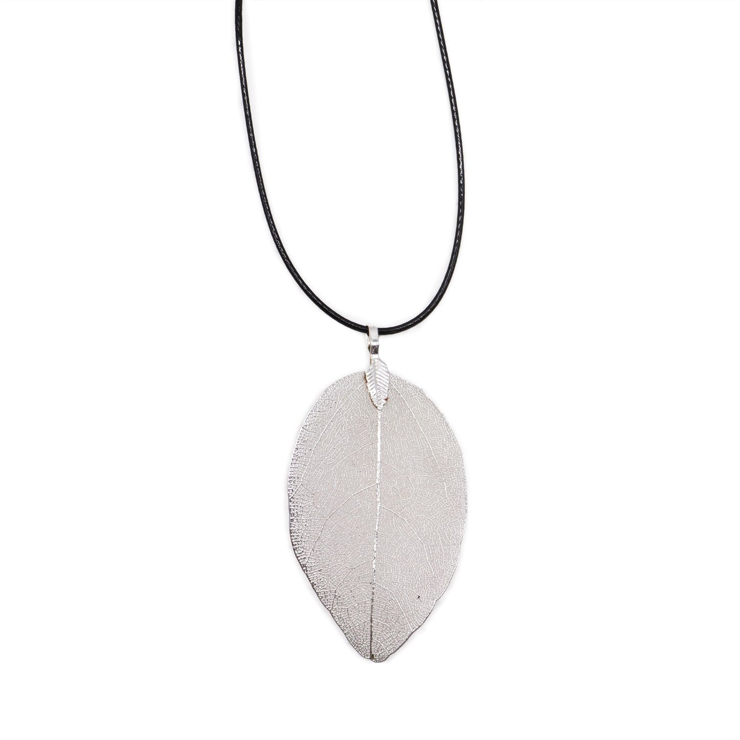 Delicate silver-plated real leaf necklace showing intricate natural vein patterns on a fine chain.