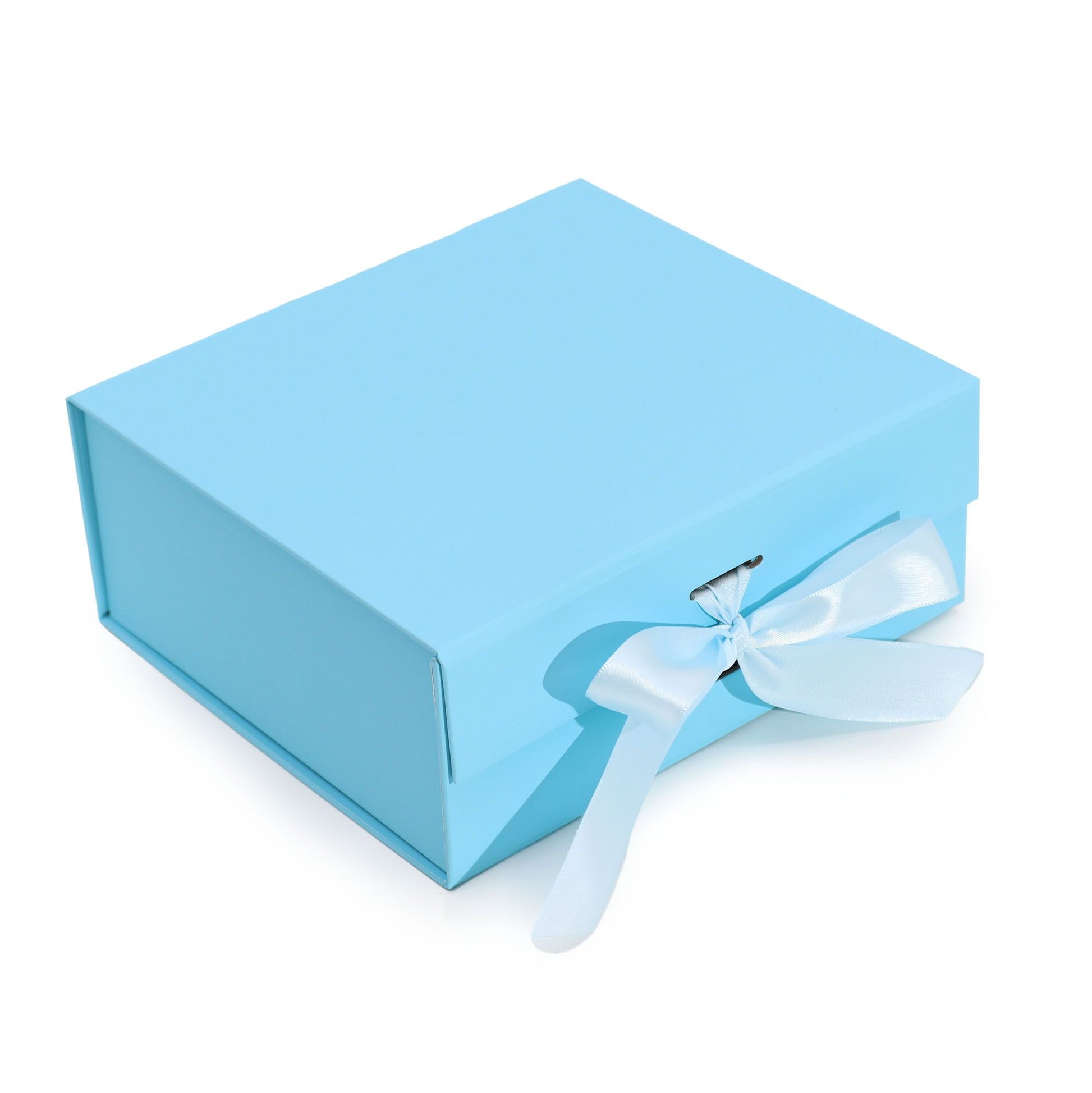 A medium square flat pack gift box in a soft baby blue colour, shown unassembled and ready for use.