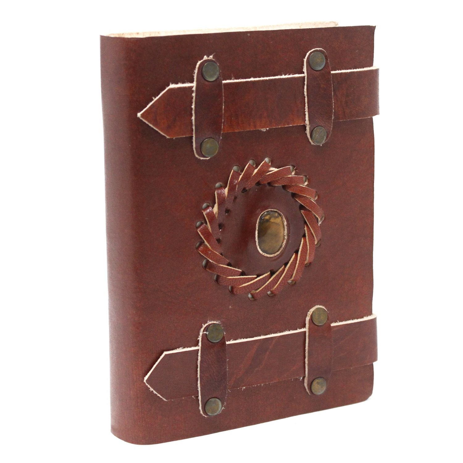 Vintage style brown leather notebook featuring a central tigereye stone, metal buckle clasps, and burnt edges.
