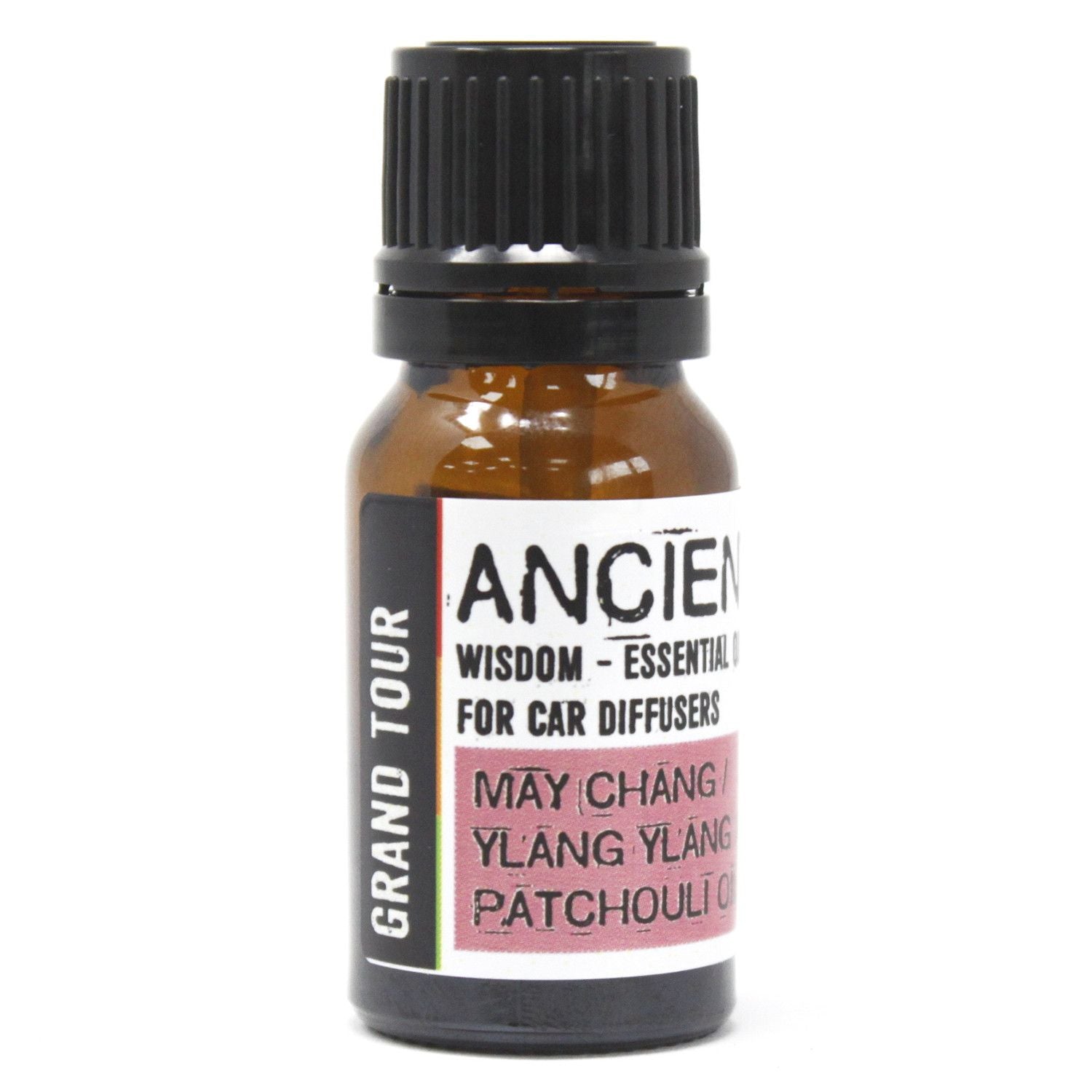 A small amber glass bottle of aromatherapy car blend essential oil with a dark label and black dropper cap.