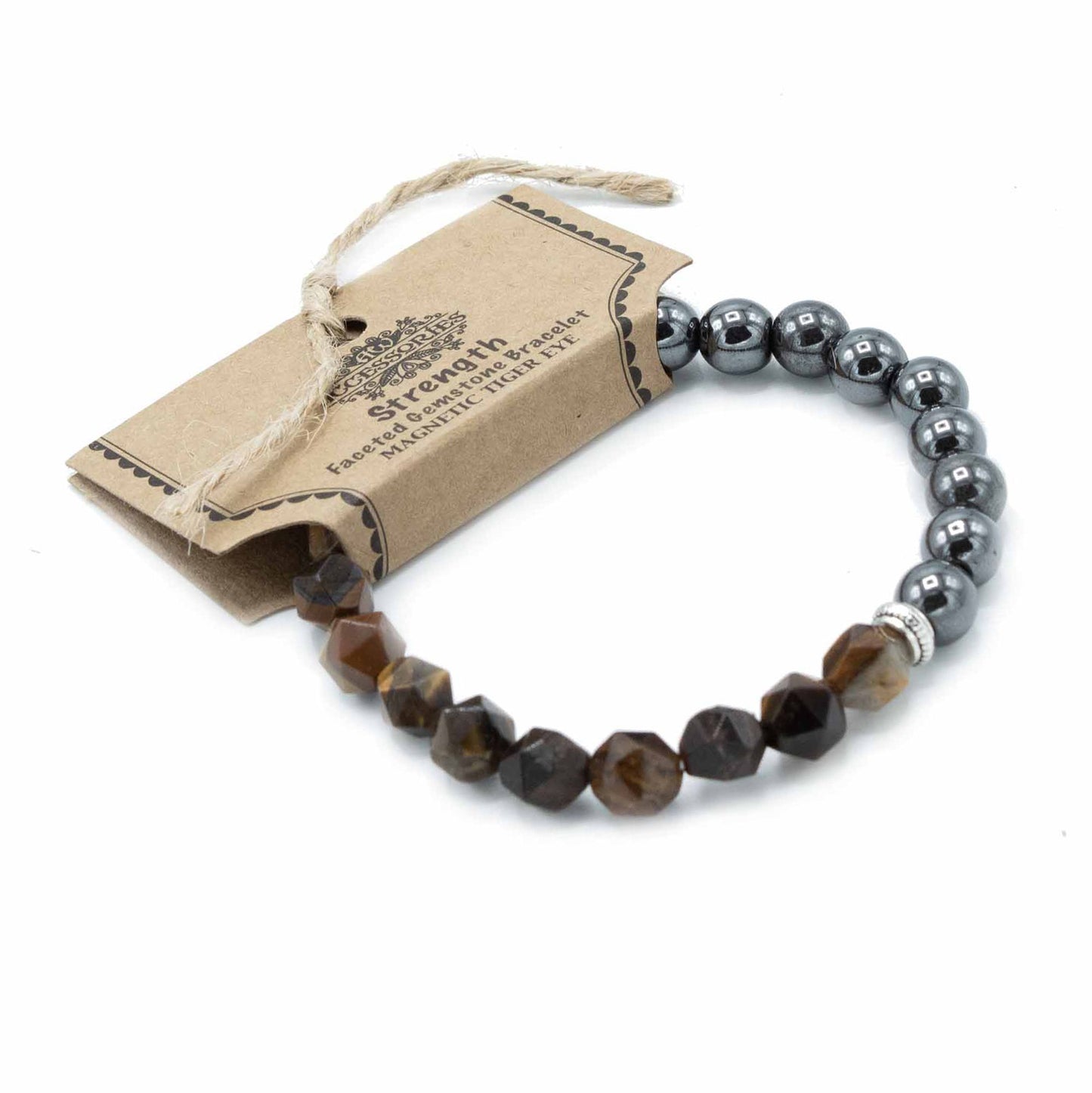 Sparkling faceted Tiger Eye gemstone beads on a magnetic bracelet reflecting light with a polished finish.