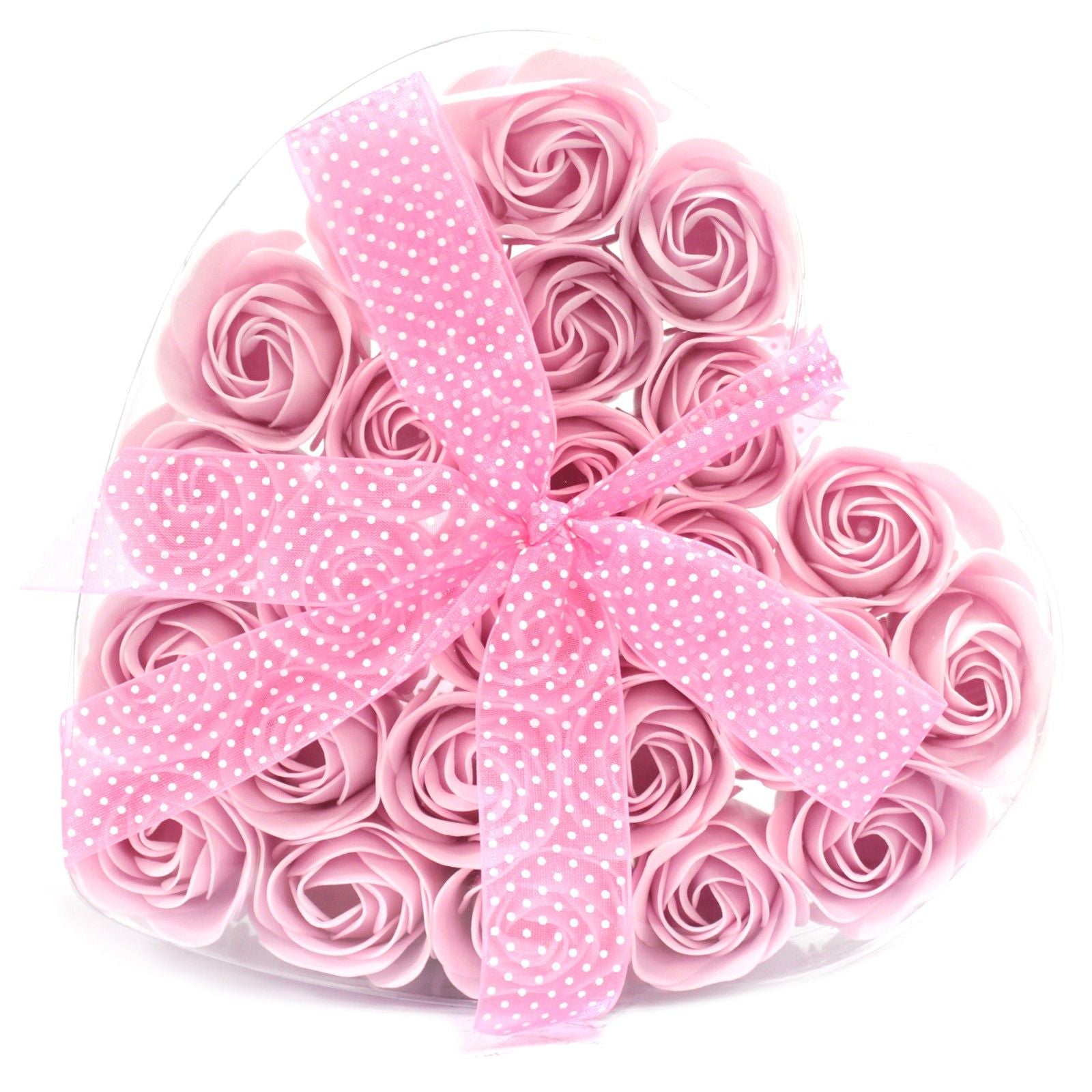 A heart-shaped gift box filled with twenty-four realistic pink rose soap flowers with delicate petals.