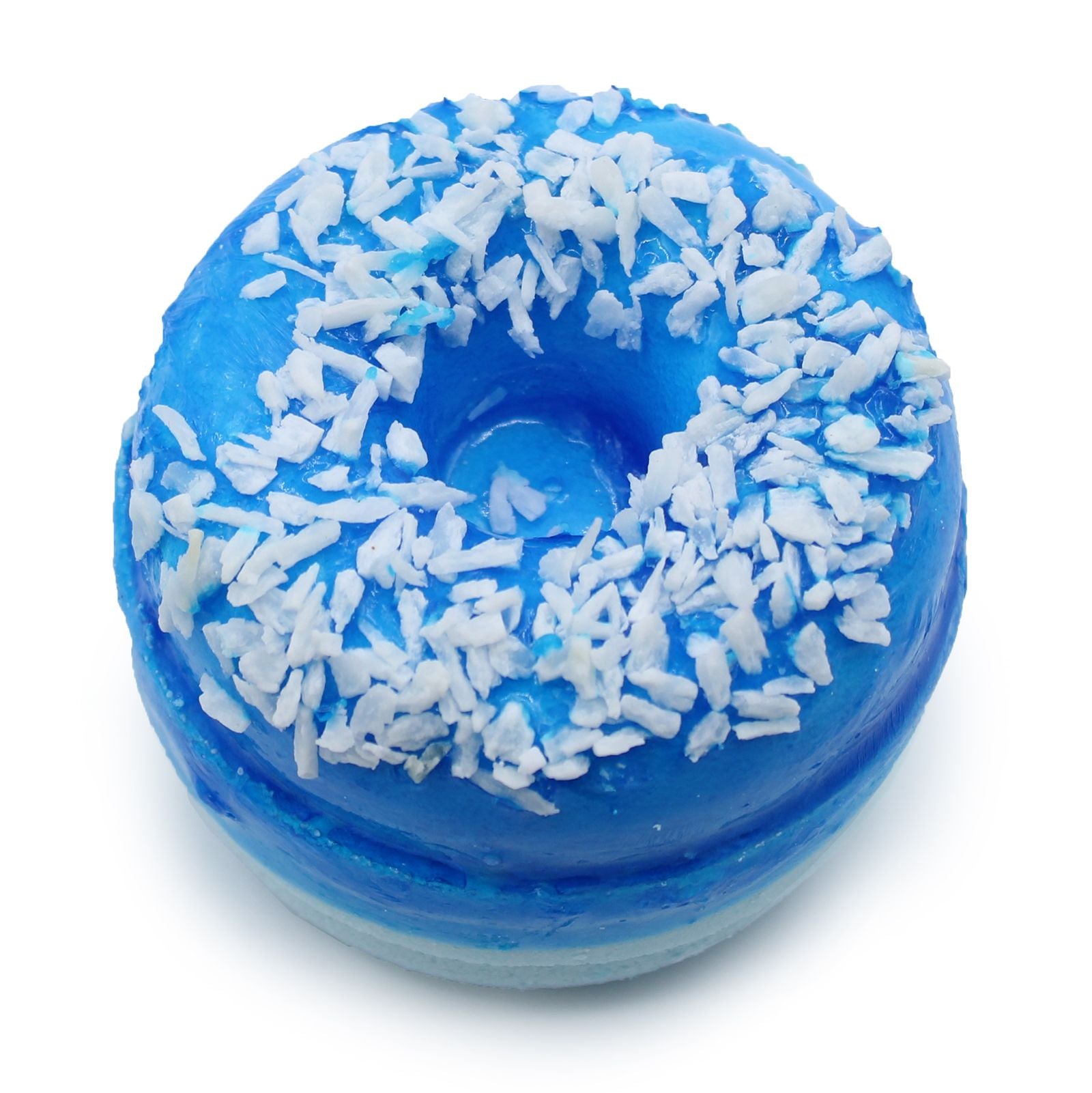 Two vibrant blue doughnut-shaped bath fizzers with colorful decorative sprinkles on top.