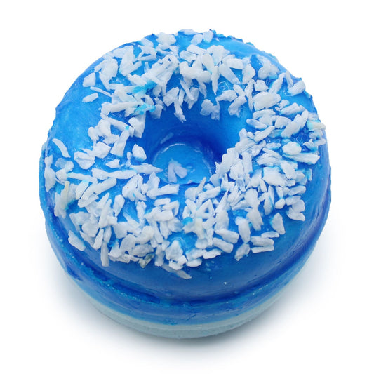 Two vibrant blue doughnut-shaped bath fizzers with colorful decorative sprinkles on top.