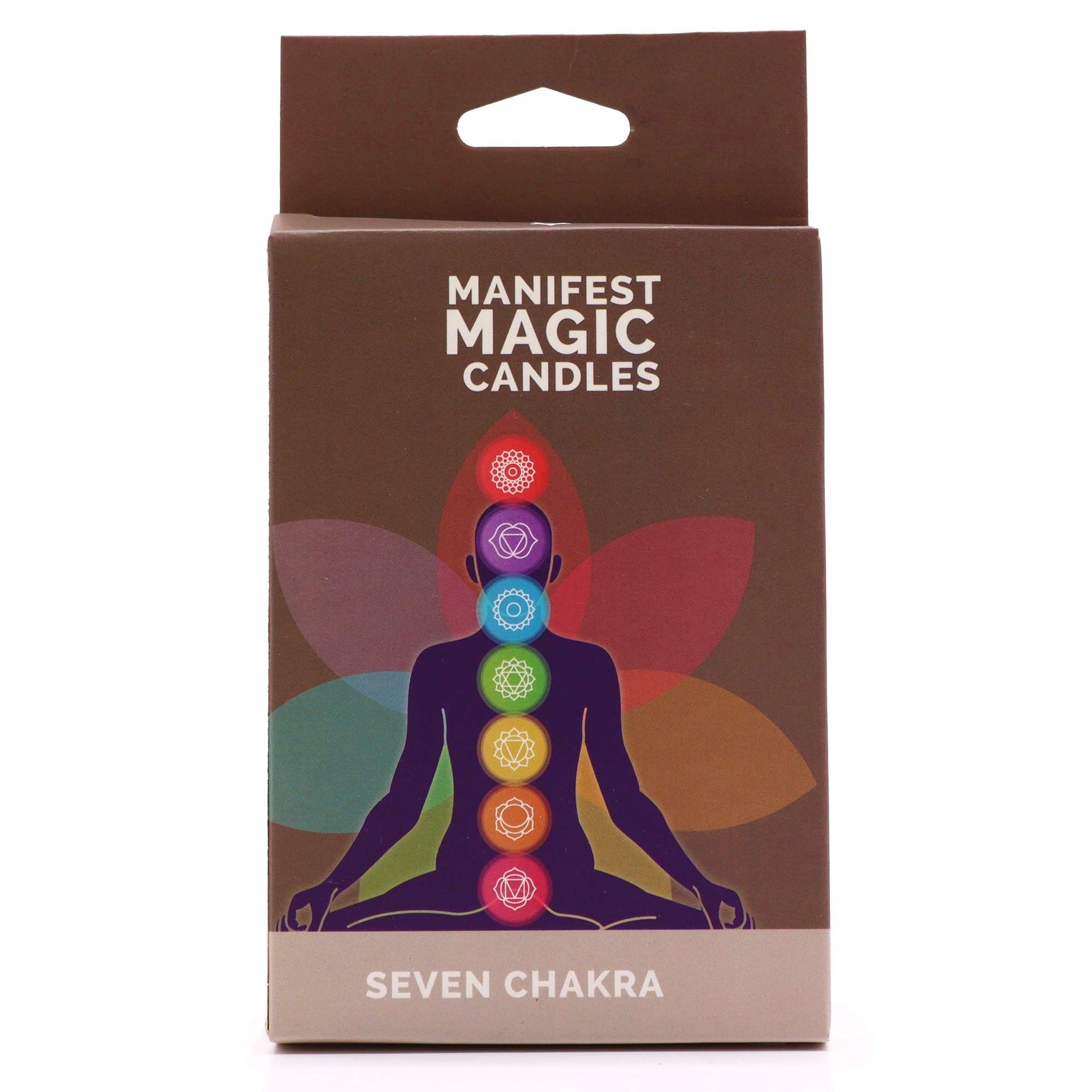 Pack of seven colourful manifest candles arranged by chakra colours for spiritual meditation and healing practices.