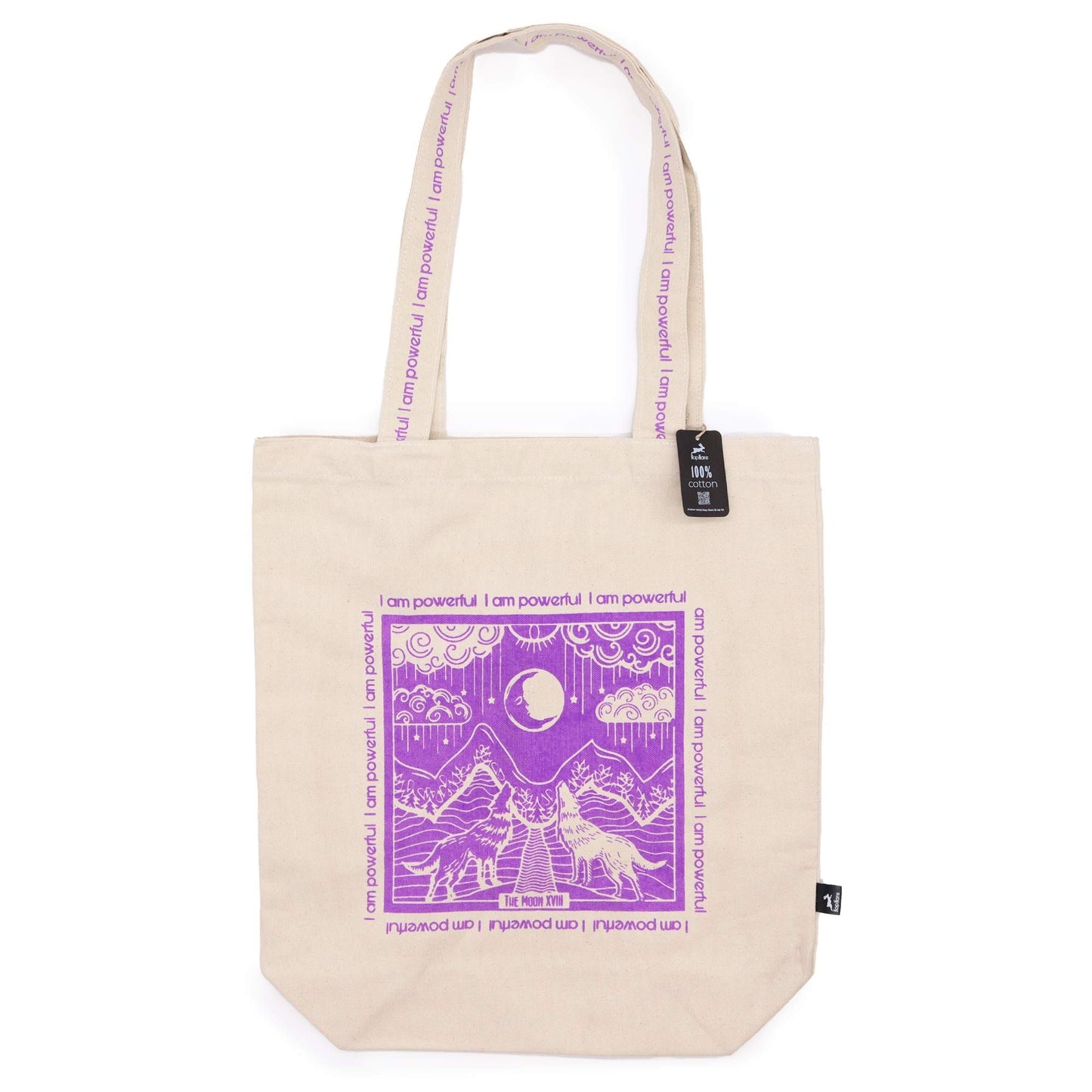 Cream cotton tote bag featuring a black and white mystical Moon Tarot card design with celestial symbols.