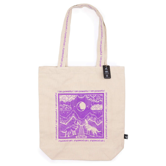 Cream cotton tote bag featuring a black and white mystical Moon Tarot card design with celestial symbols.