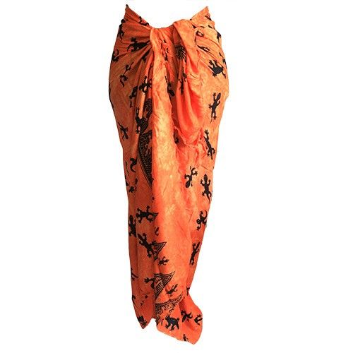 Vibrant orange sarong featuring a traditional gecko print design, displayed as a lightweight fabric wrap.
