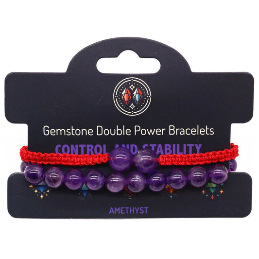 Two layered bracelets featuring polished purple amethyst gemstone beads on a comfortable adjustable cord.