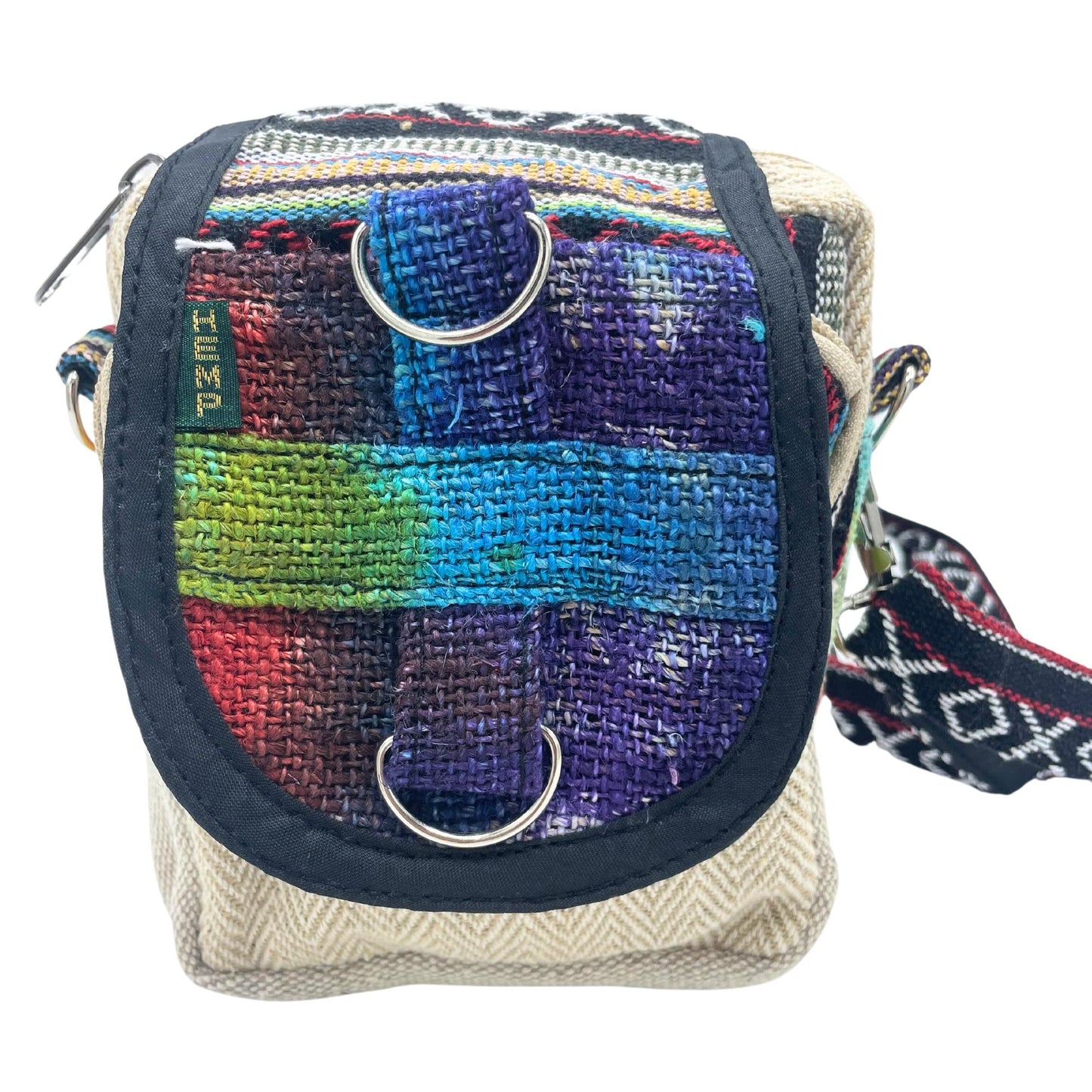 Handcrafted hemp messenger bag featuring a vibrant multi-coloured tie-dye pattern and adjustable shoulder strap.