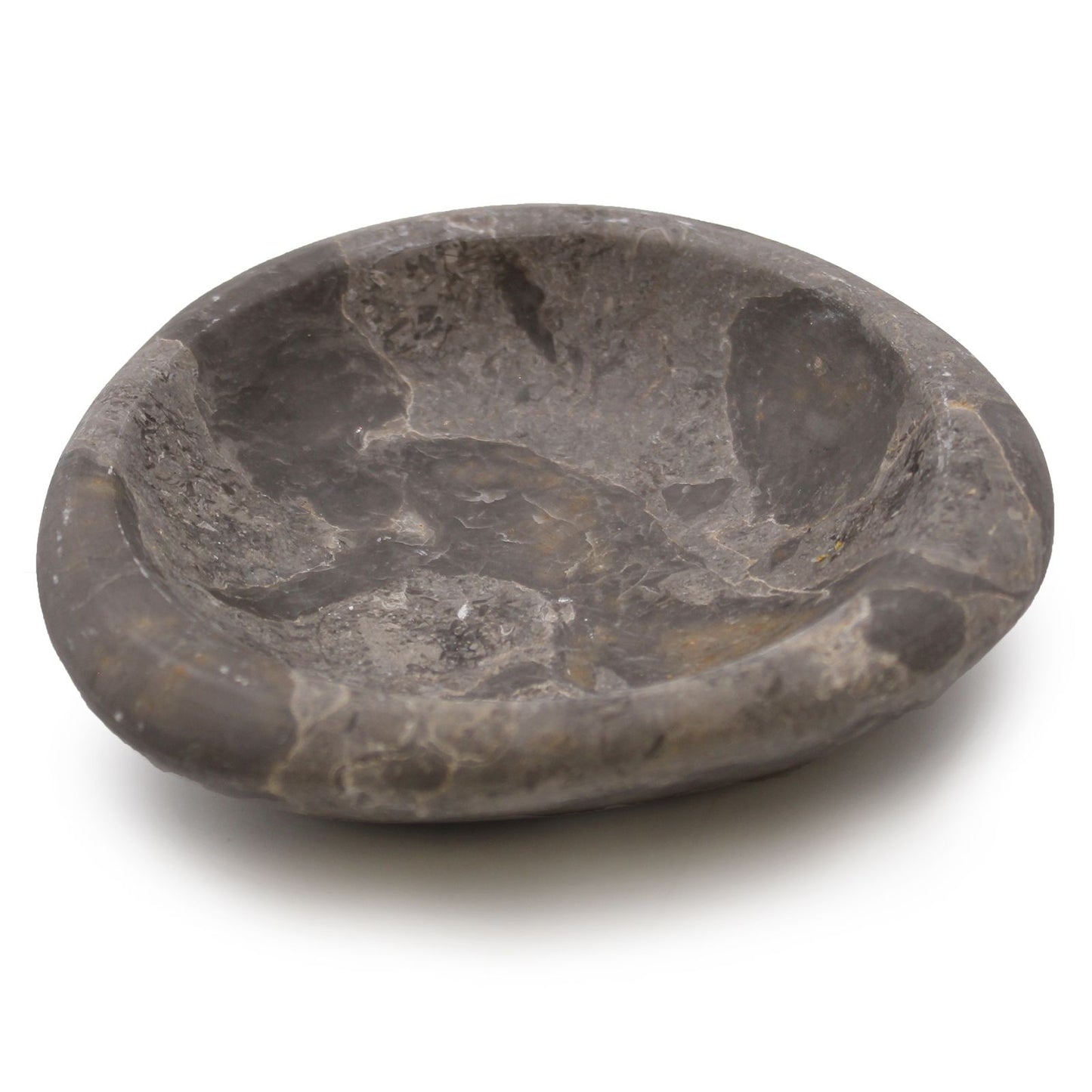 Elegant tri-oval marble soap dish featuring natural grey and black stone patterns on a smooth surface.