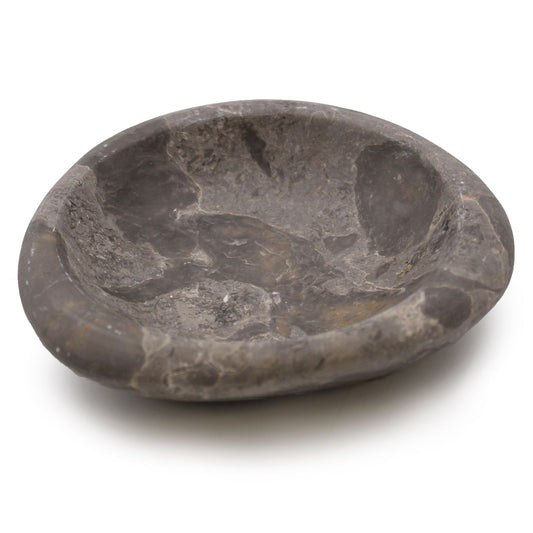 Elegant tri-oval marble soap dish featuring natural grey and black stone patterns on a smooth surface.