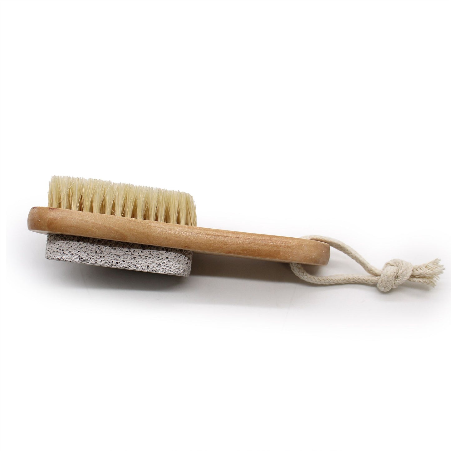 A natural wooden body brush with a pumice stone on the reverse side for dual-action skin exfoliation.