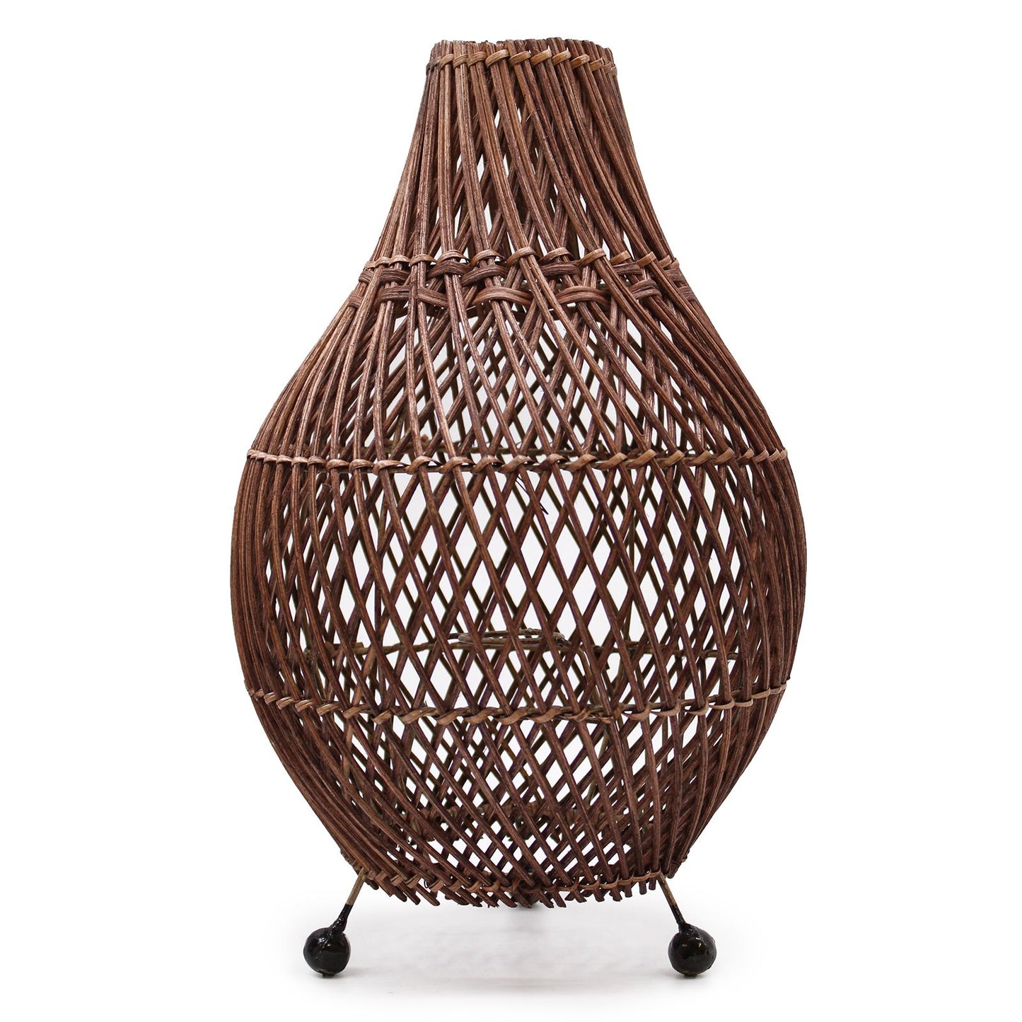 Handcrafted dark brown rattan table lamp featuring an intricate woven pattern and a natural, organic silhouette.