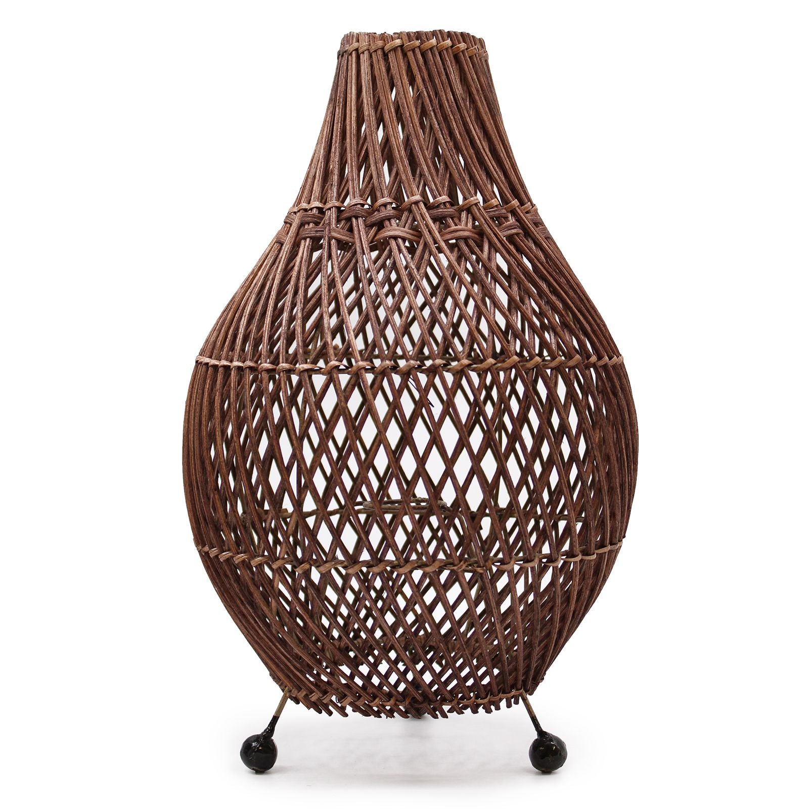 Handcrafted dark brown rattan table lamp featuring an intricate woven pattern and a natural, organic silhouette.
