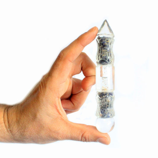 Handcrafted orgonite water wand filled with copper shavings and colourful gemchips for spiritual protection.