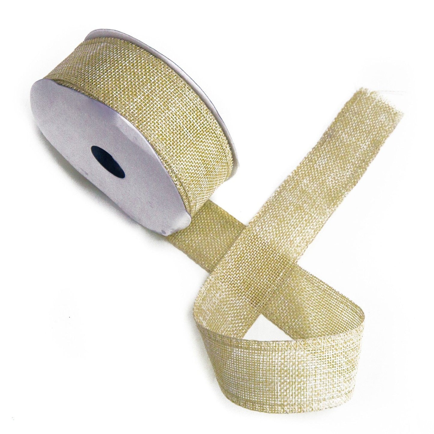 A 20-metre roll of 38mm wide sand-coloured decorative ribbon with a natural non-woven fabric texture.
