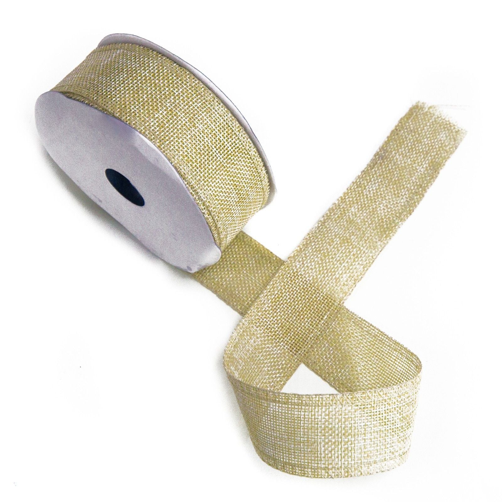 A 20-metre roll of 38mm wide sand-coloured decorative ribbon with a natural non-woven fabric texture.