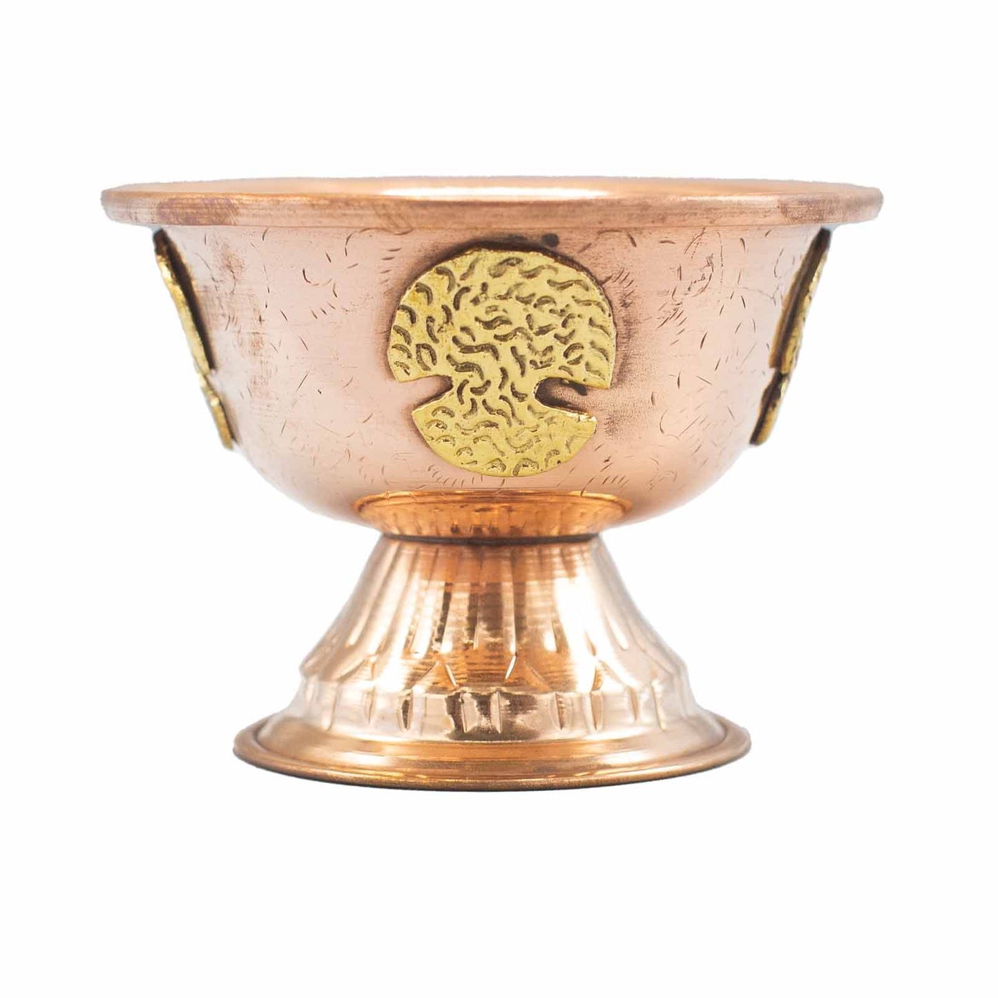 Handcrafted copper ritual chalice engraved with a detailed Tree of Life pattern for altar use.