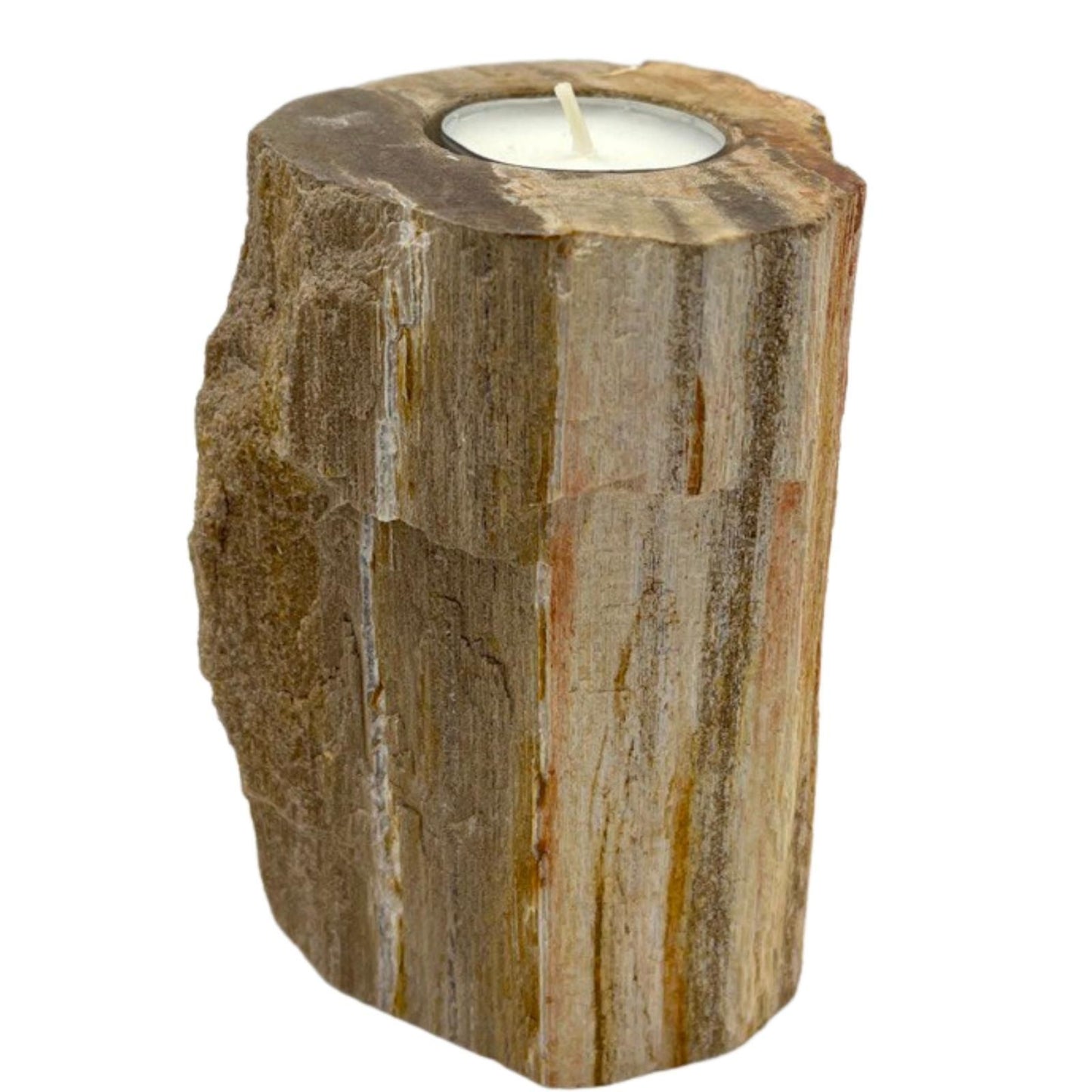 Hand-carved tall petrified wood tea light candle holder with unique natural grain and rustic stone-like texture.