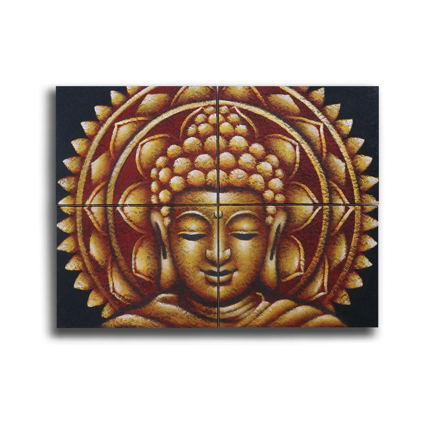 Set of four square canvases featuring golden Buddha and mandala designs with textured brocade detailing on a dark background.