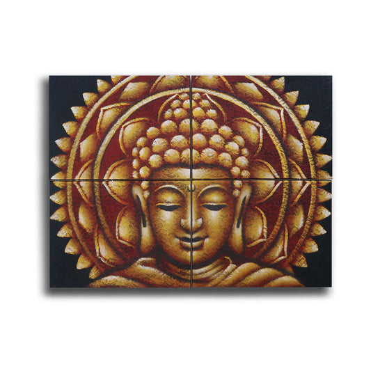 Set of four square canvases featuring golden Buddha and mandala designs with textured brocade detailing on a dark background.