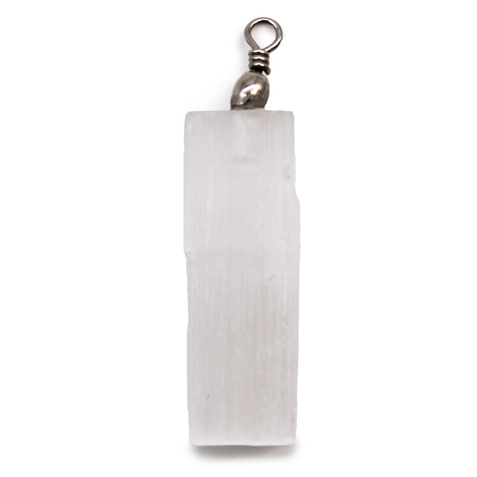 Raw natural white selenite crystal pendant with a silver-coloured bail showing its characteristic fibrous texture.