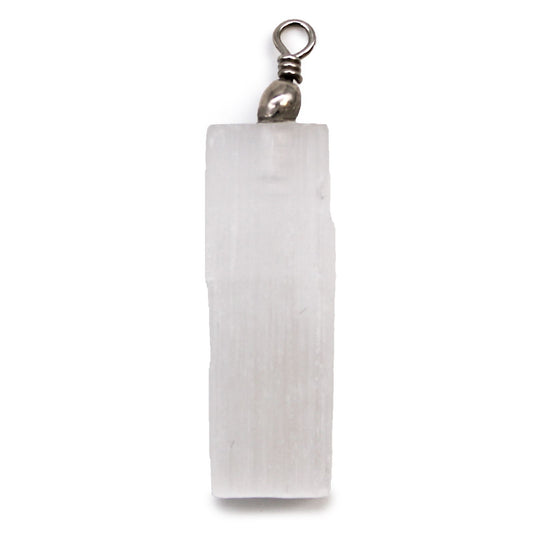 Raw natural white selenite crystal pendant with a silver-coloured bail showing its characteristic fibrous texture.