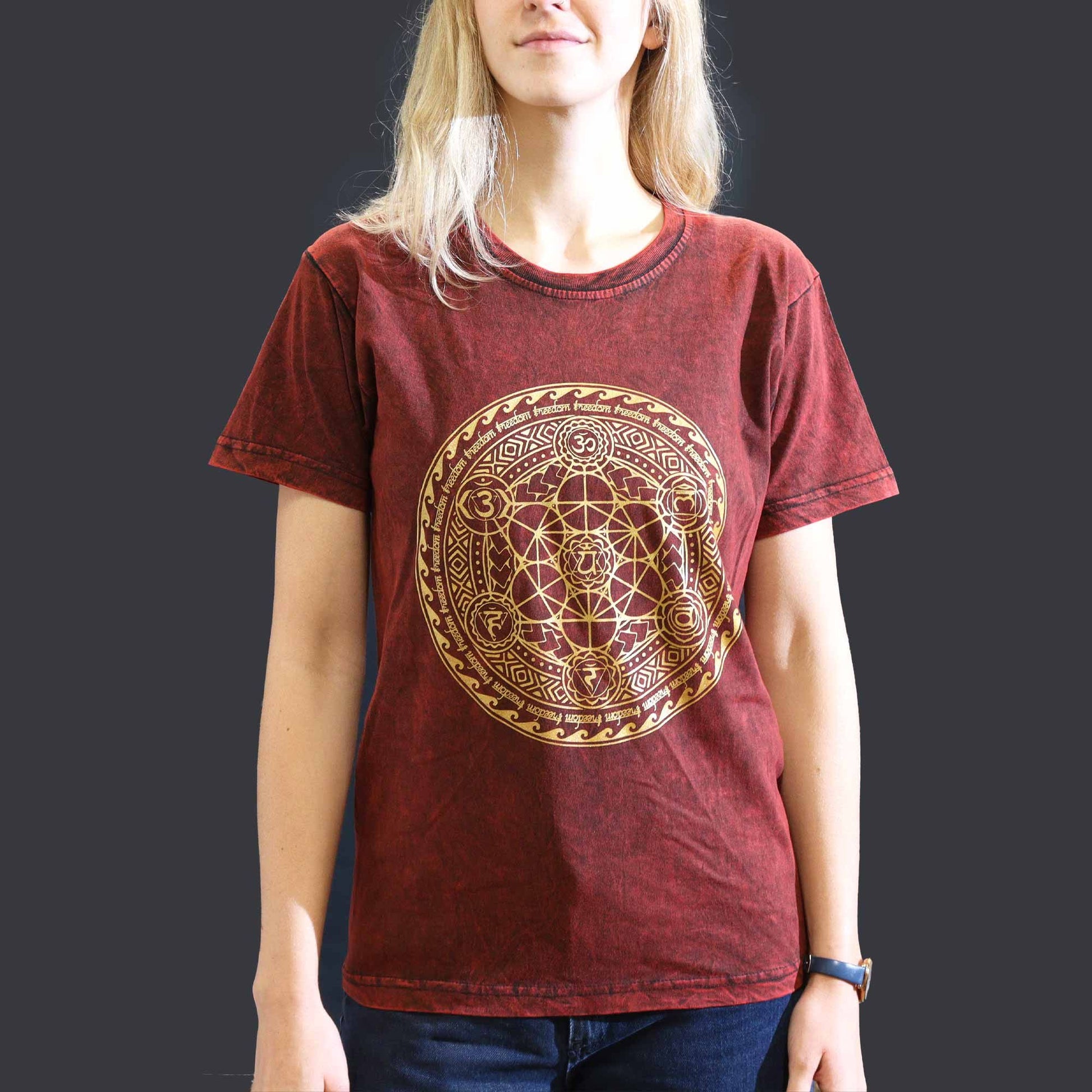 Maroon stonewashed t-shirt featuring a vertical chakra symbol design on the front.