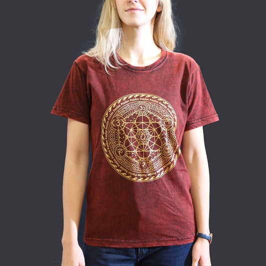 Maroon stonewashed t-shirt featuring a vertical chakra symbol design on the front.
