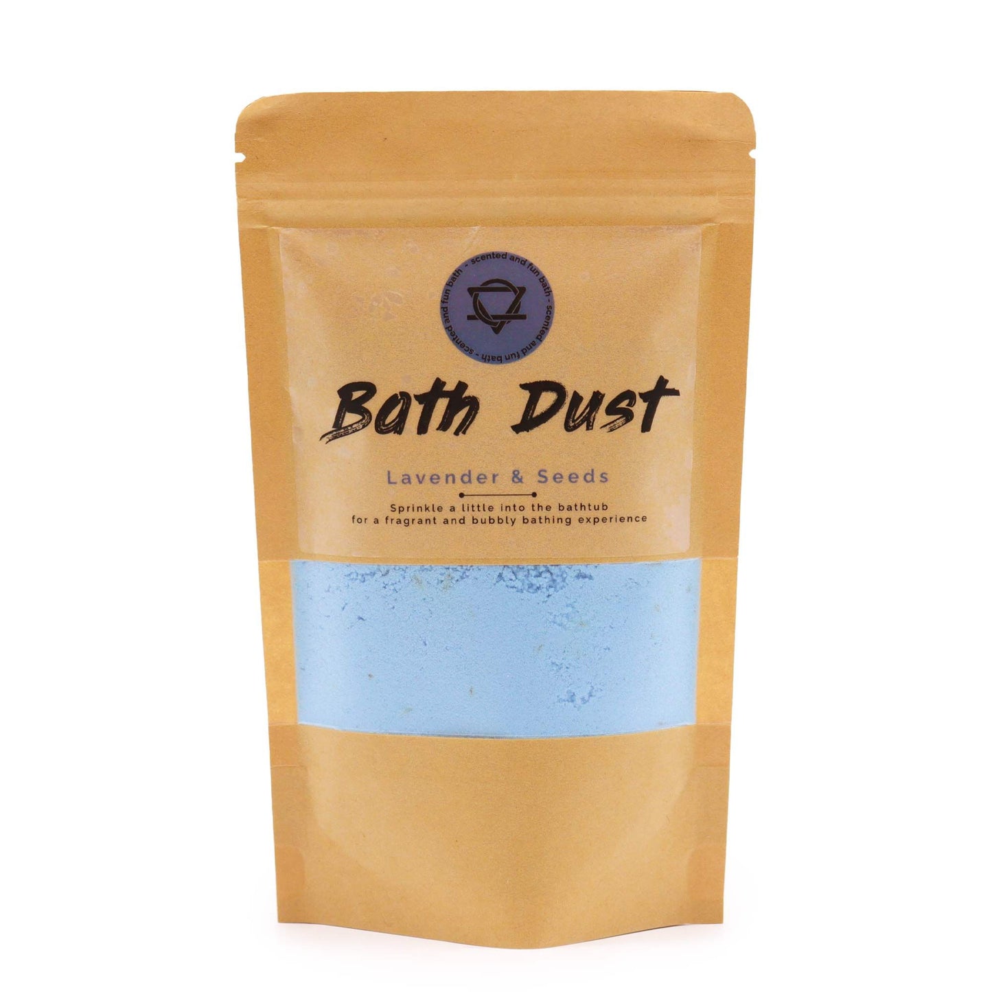 Fine purple bath dust mixed with dried lavender seeds in a clear glass jar.