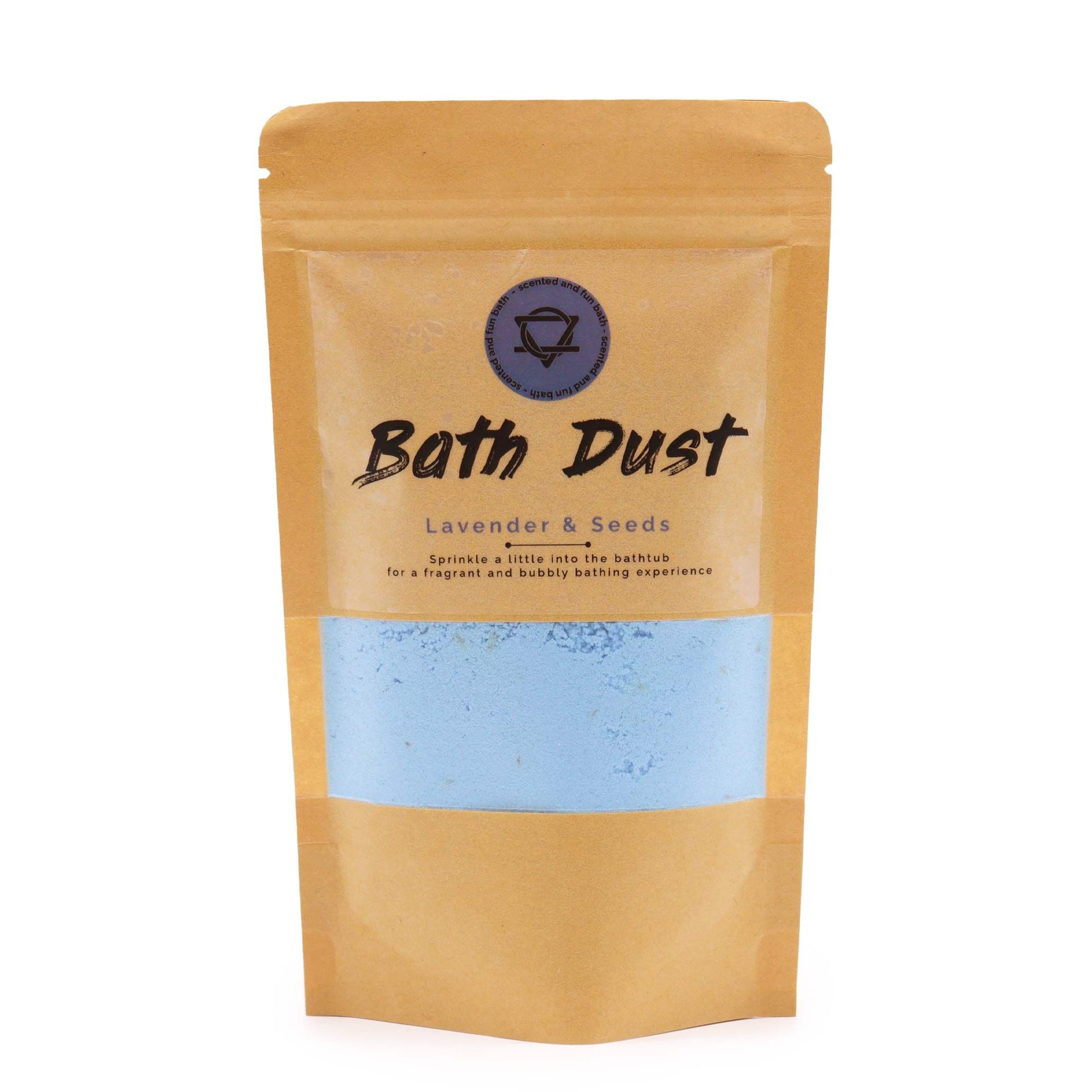 Fine purple bath dust mixed with dried lavender seeds in a clear glass jar.