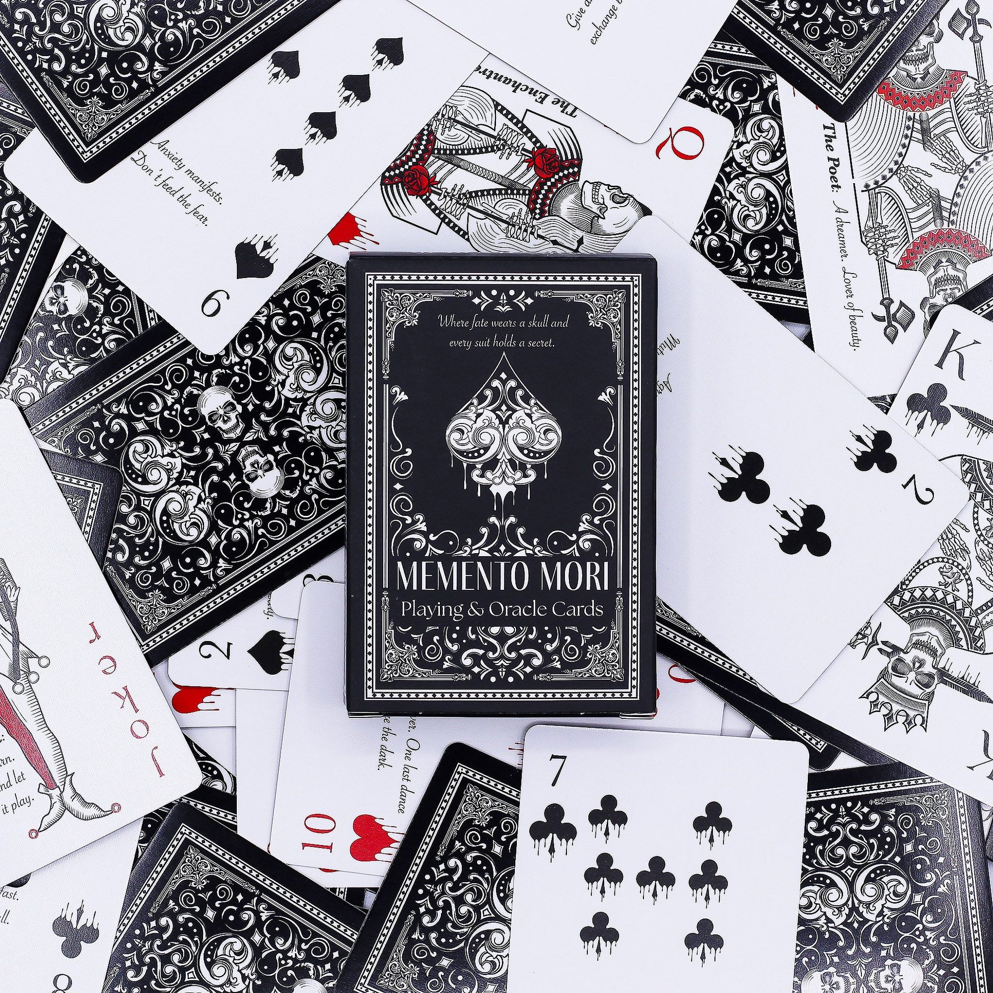 Darkly elegant Gothic playing cards featuring detailed skeletal figures and symbolic artwork on a black background.