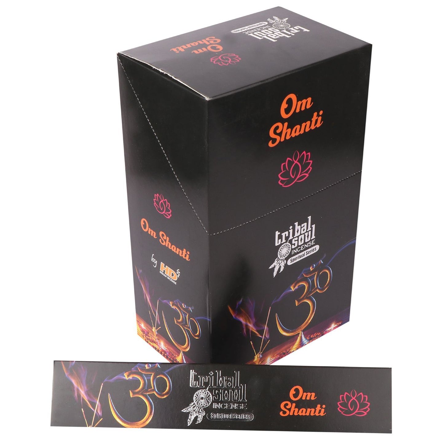 Spiritual incense sticks in a decorative box next to a white ceramic incense holder with an Ohm symbol.